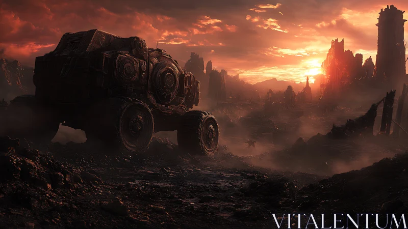 Armored rover crossing a ruined wasteland at sunset.