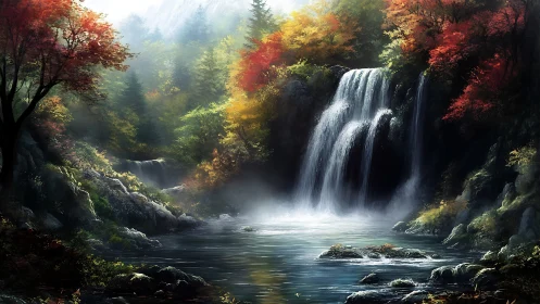 Autumn forest waterfall over misty reflective river gorge.
