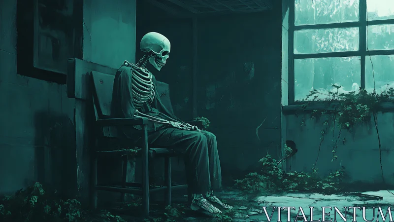 Skeleton seated in decayed interior near overgrown window.