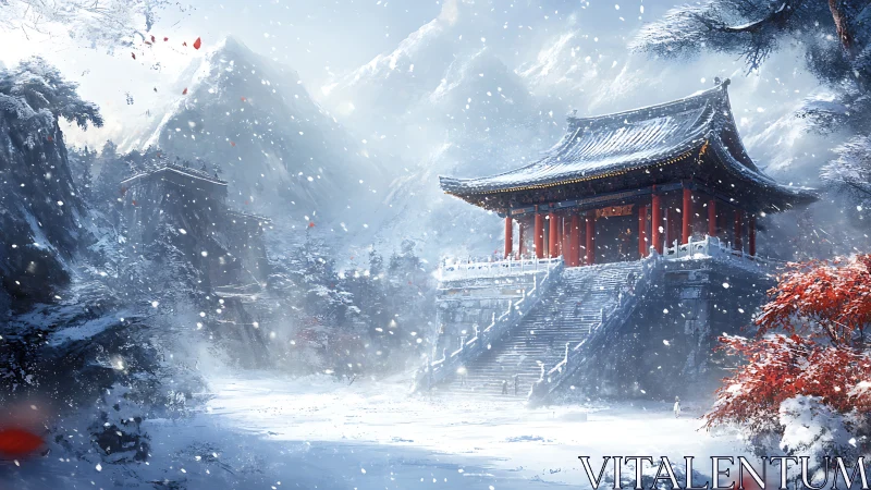 Snow-laden mountain temple with crimson pillars and maples.