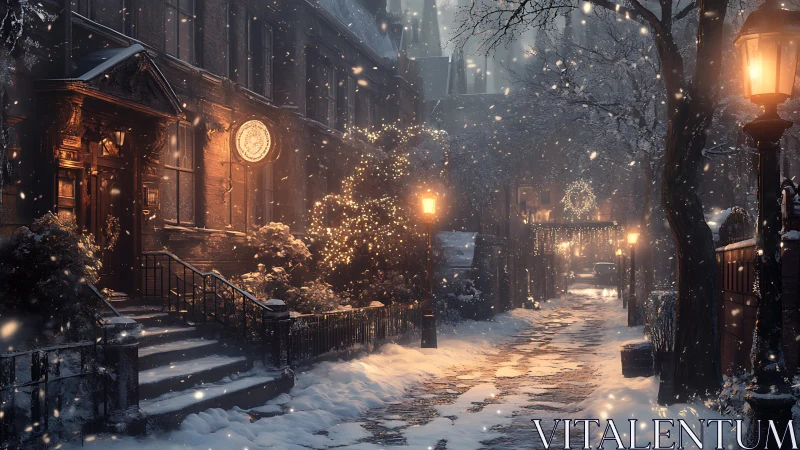 Snowy city lane glows under warm festive streetlights