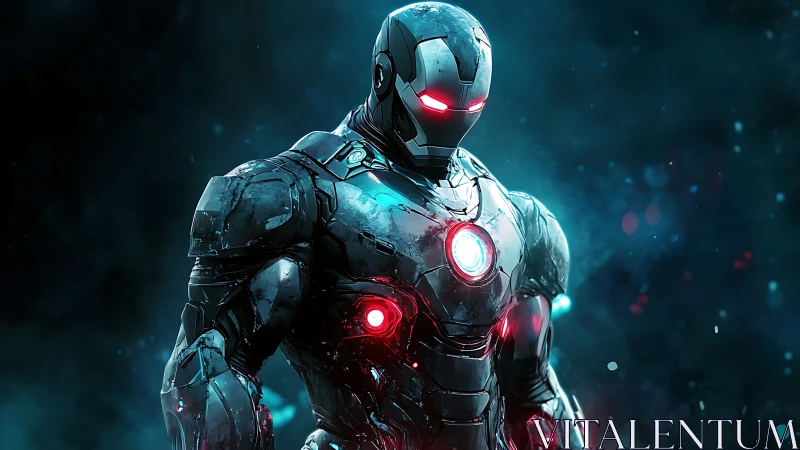 Armored cybernetic warrior glows in neon-lit cosmic haze.