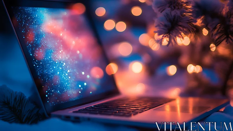 Cozy winter laptop glow under dreamy holiday lights.