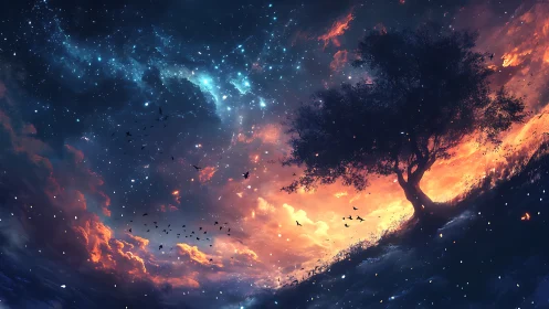 Digital painting of cosmic tree silhouette on burning horizon.