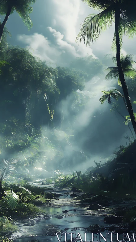 Misty Jungle Valley. Lush Tropical Canyon Bathed Ethereal Light.