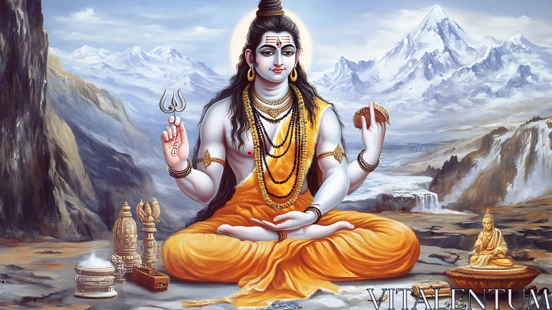 Devotional Shiva portrait with Himalayan landscape and ritual objects