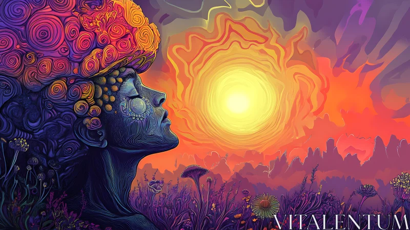 Surreal floral profile under swirling psychedelic sunscape.