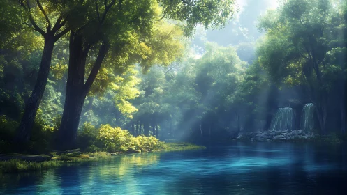 Luminescent Forest Waterway: Volumetric Light Through Cathedral Trees