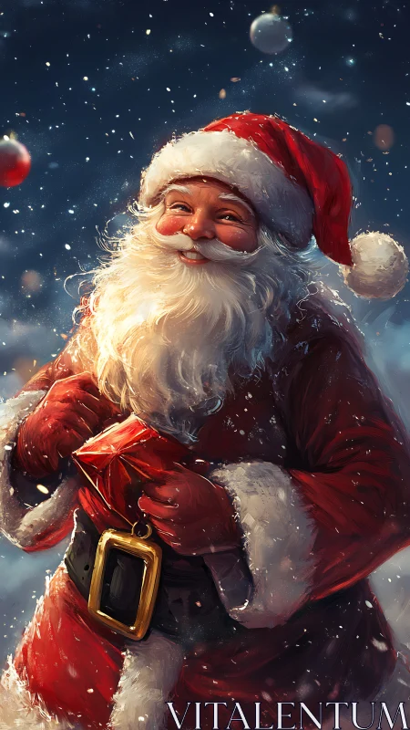 Chromatically dynamic Santa portrait with luminous snowfall rendering.
