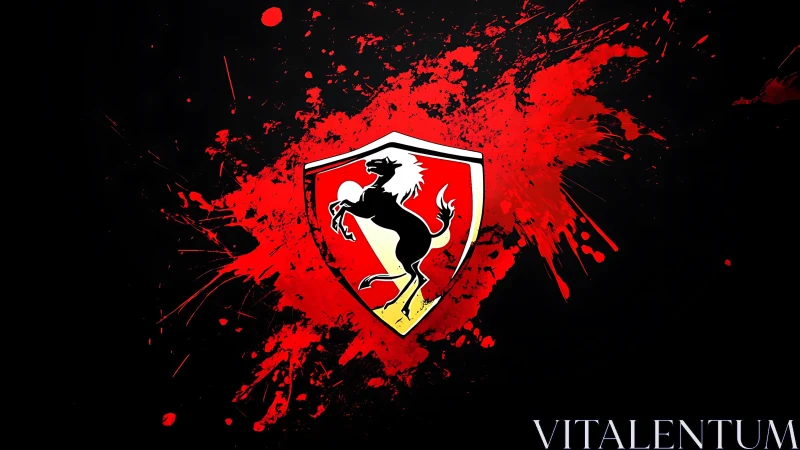 Raging stallion emblem explodes through red paint storm