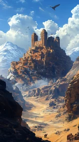 Stratified desert citadel under alpine cumulonimbus sky.