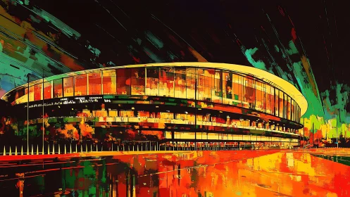 Elliptical arena facade rendered in saturated neon architectural abstraction