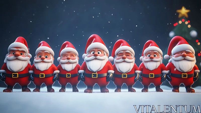 Seven stylized Santa figures stand in snowy festive lineup.