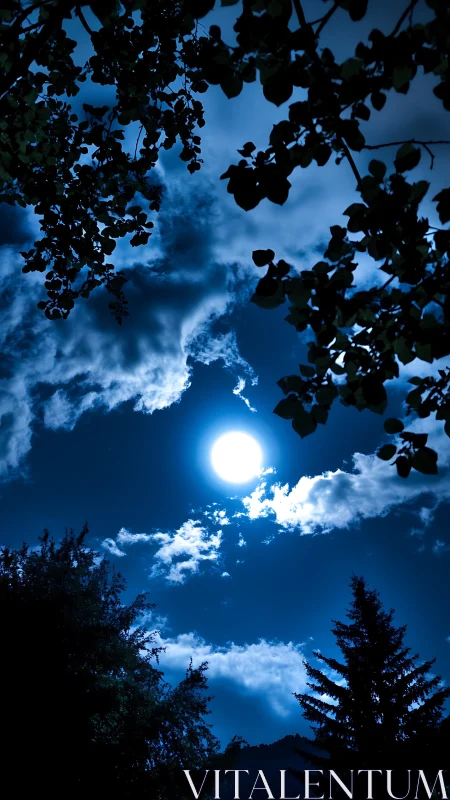 Lunar backlighting through arboreal silhouette under cobalt sky.