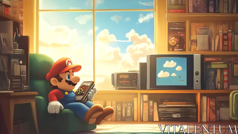 Mario character relaxing in cozy retro gaming room.