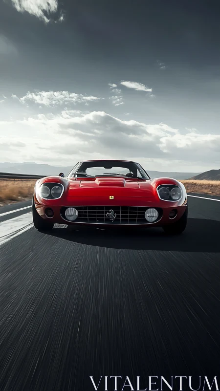 Red sports car races down an empty open highway at speed.