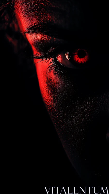 Red-lit eye stares from darkness with intense, ominous focus
