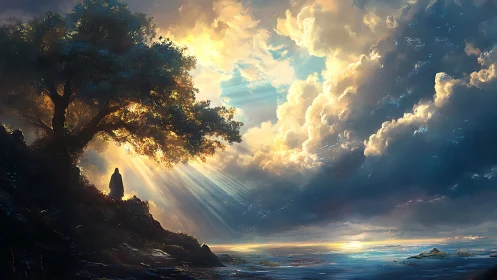 Solitary figure under radiant tree beside luminous sea.