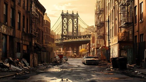 Cinematic urban street framing a distant suspension bridge at dusk