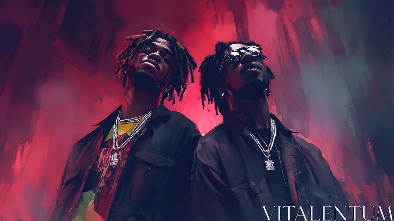 Digital painting portrait of dual hip-hop figures in neon haze.