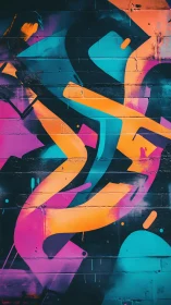 Vibrant neon graffiti abstraction on urban brick wall surface.