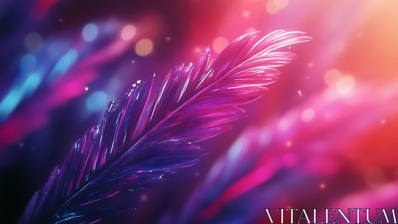 Iridescent crystal feather glows in neon bokeh light