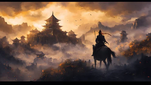 Mounted warrior before mist-covered fortress landscape.