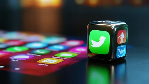 High-gloss 3D icon cube with social media app reflections on glass