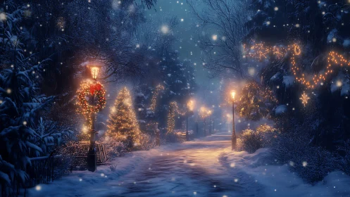 Snow-laden festive walkway with illuminated lamppost array.