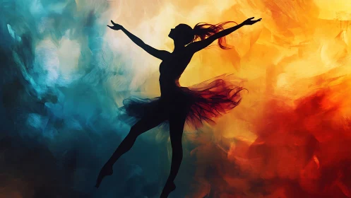 Silhouette ballet dancer leaping in vivid abstract color field.
