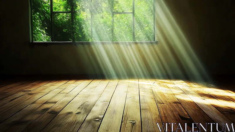 Digital painting of sunlit wooden floor under verdant window light.