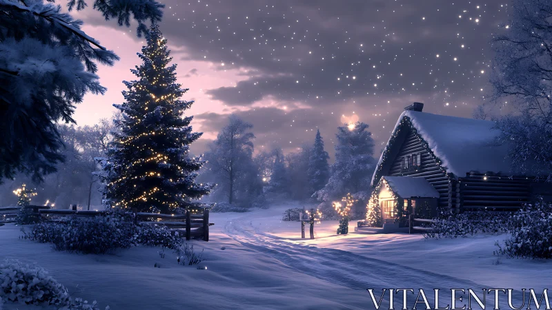 Snowy log cabin under starlit sky with lit Christmas tree.