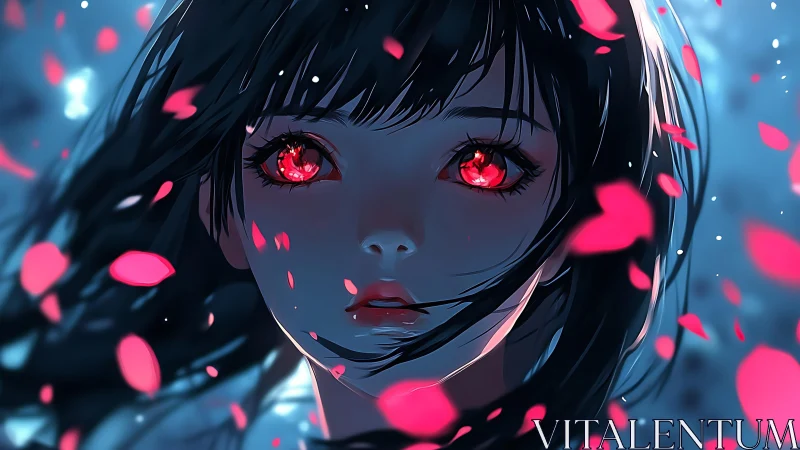 Anime portrait with luminous red eyes and drifting petals.