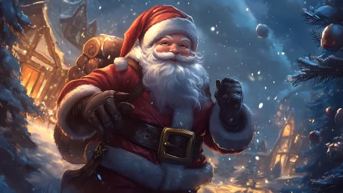 Santa Claus walking through snowy village at night.