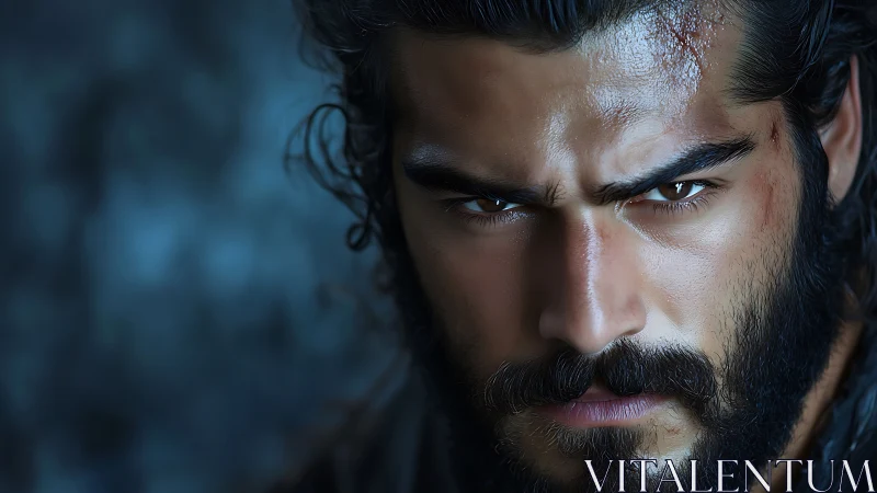 Photorealistic close-up portrait with intense dramatic focus.