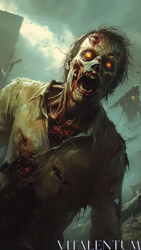 Grotesque glowing-eyed zombie in stormy wasteland.