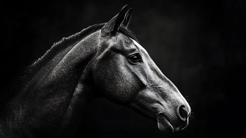 Black and white side profile portrait of a strong horse
