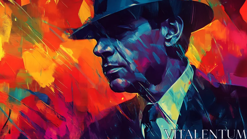 Digital painting noir portrait with chromatic brush abstraction.