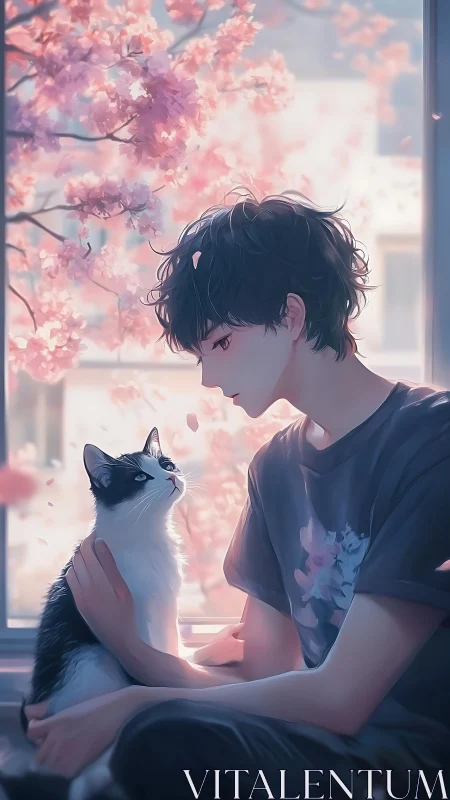 Soft spring light on boy and cat beneath cherry blossoms.