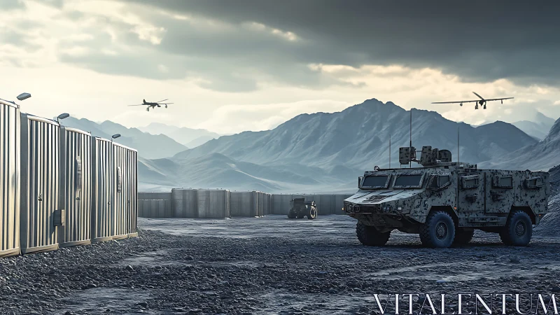 Military base with armored vehicle and surveillance drones.