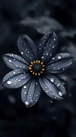 Black Cosmos with Golden Center Covered in Raindrops.