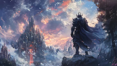 Armored figure observing distant spired fortress at dusk.