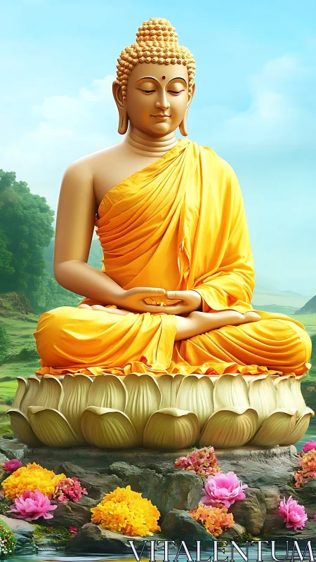 Peaceful Buddha in golden robes on a tranquil lotus seat.
