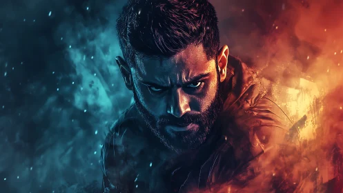 Intense male portrait splits between cold blue and hot orange light