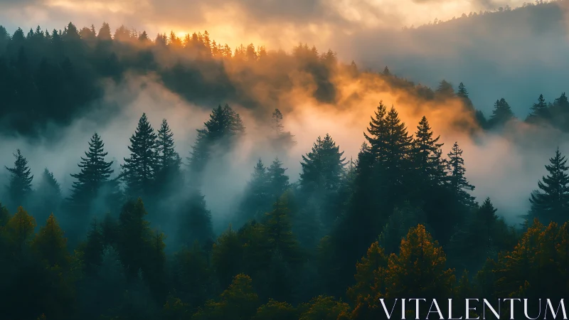 Misty Coniferous Forest at Golden Dawn.