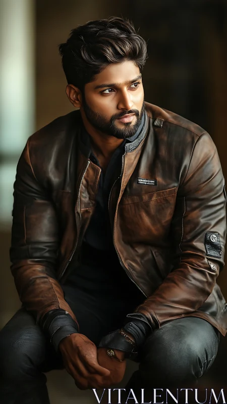 Male subject in brown leather jacket seated indoors. Period.