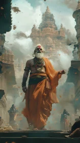 Elderly robed figure before towering temple in smoke-filled plaza.