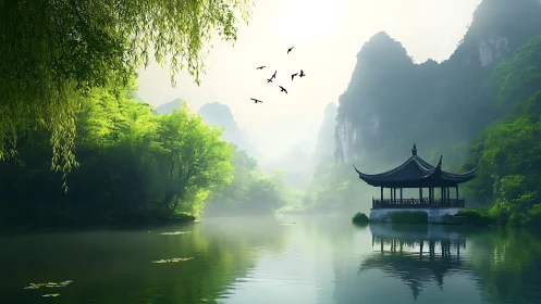 Tranquil lakeside pavilion embraced by misty green mountains.