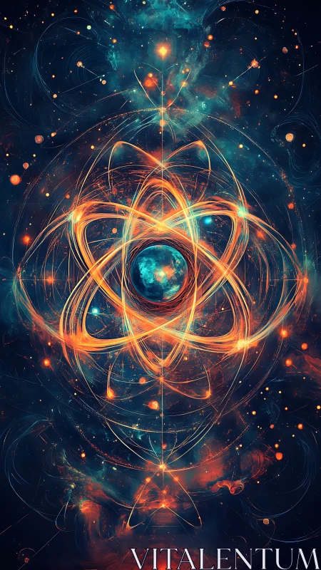 Atomic orbital structure over cosmic background illustration.