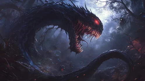 Nightmare forest serpent rises with eerie crimson gaze